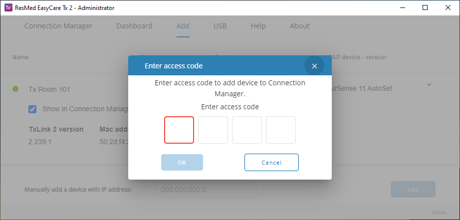 SL UI screenshot Add Access Code